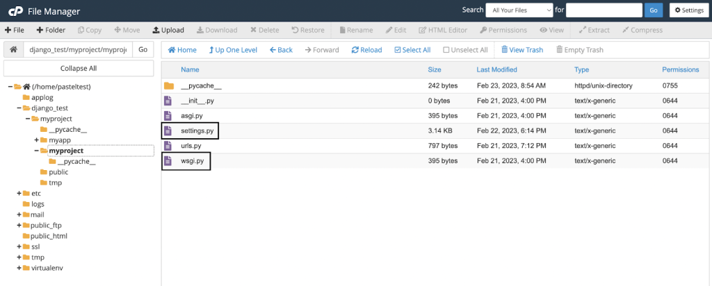 The cPanel File Manager showing the directory contents of 'django_test/myproject/myproject'. Files displayed include 'init.py', 'asgi.py', 'settings.py', 'urls.py', and 'wsgi.py' with their respective sizes and last modified dates, all within a Python Django project structure.